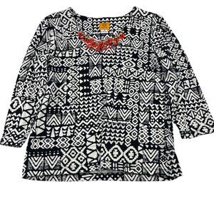 Ruby Rd. Women's Black &‎ White Geometric Pattern Top Beaded Neckline Medium